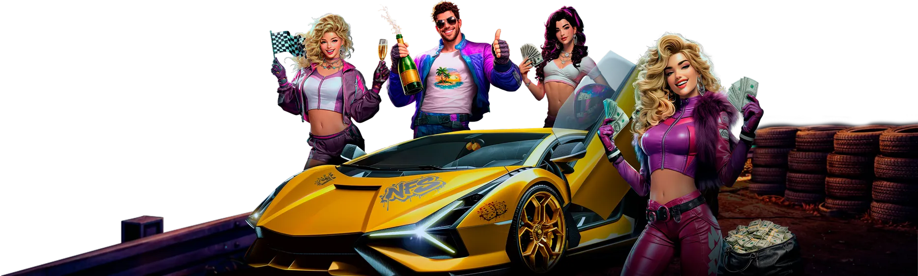 Need for Spin party crew with a yellow sports car